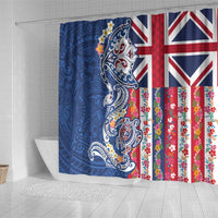 Hawaiian Manta Ray and Turtle Tribal Tattoo Shower Curtain With Hawaii Flag and Flowers LT03 - Polynesian Pride