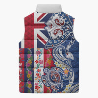 Hawaiian Manta Ray and Turtle Tribal Tattoo Sleeveless Puffer Jacket With Hawaii Flag and Flowers LT03 - Polynesian Pride