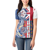 Hawaiian Manta Ray and Turtle Tribal Tattoo Women Polo Shirt With Hawaii Flag and Flowers