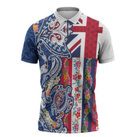Hawaiian Manta Ray and Turtle Tribal Tattoo Zipper Polo Shirt With Hawaii Flag and Flowers LT03 Multicolor - Polynesian Pride
