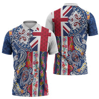 Hawaiian Manta Ray and Turtle Tribal Tattoo Zipper Polo Shirt With Hawaii Flag and Flowers LT03 - Polynesian Pride