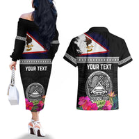 Personalized American Samoa Flag Day Couples Matching Off The Shoulder Long Sleeve Dress and Hawaiian Shirt Tanoa and Fue mix Hibiscus Flower Polynesian Pattern