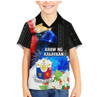 Philippines Independence Day Family Matching Mermaid Dress and Hawaiian Shirt Philippines Eagle and Sampaguita Jasmine Yakan Tribal LT03 Son's Shirt Black - Polynesian Pride