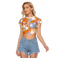 Hawaiian and Japanese Culture Together Raglan Cropped T Shirt Palaka Japanese Art and Tropical Motif Tribal Patchwork