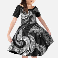 New Zealand Sea Animals with Maori Tribal Tattoo Family Matching Long Sleeve Bodycon Dress and Hawaiian Shirt Shark Manta Ray with Silver Fern Black LT03 Daughter's Dress Black - Polynesian Pride