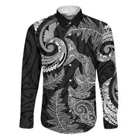 New Zealand Sea Animals with Maori Tribal Tattoo Family Matching Mermaid Dress and Hawaiian Shirt Shark Manta Ray with Silver Fern Black LT03 Dad's Shirt - Long Sleeve Black - Polynesian Pride