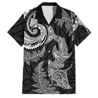 New Zealand Sea Animals with Maori Tribal Tattoo Family Matching Off The Shoulder Long Sleeve Dress and Hawaiian Shirt Shark Manta Ray with Silver Fern Black LT03 Dad's Shirt - Short Sleeve Black - Polynesian Pride