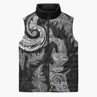 New Zealand Sea Animals with Maori Tribal Tattoo Sleeveless Puffer Jacket Shark Manta Ray with Silver Fern Black