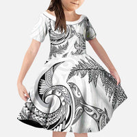 New Zealand Sea Animals with Maori Tribal Tattoo Family Matching Tank Maxi Dress and Hawaiian Shirt Shark Manta Ray with Silver Fern White LT03 Daughter's Dress White - Polynesian Pride