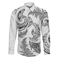 New Zealand Sea Animals with Maori Tribal Tattoo Family Matching Tank Maxi Dress and Hawaiian Shirt Shark Manta Ray with Silver Fern White LT03 Dad's Shirt - Long Sleeve White - Polynesian Pride