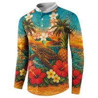 Hawaiian Turtles on Beach Button Sweatshirt with Pineapple Tropical Plant and Lei LT03 - Polynesian Pride