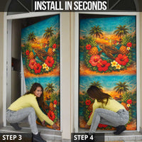 Hawaiian Turtles on Beach Door Cover with Pineapple Tropical Plant and Lei