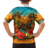 Hawaiian Turtles on Beach Family Matching Puletasi and Hawaiian Shirt with Pineapple Tropical Plant and Lei