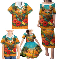 Hawaiian Turtles on Beach Family Matching Puletasi and Hawaiian Shirt with Pineapple Tropical Plant and Lei