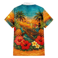 Hawaiian Turtles on Beach Family Matching Short Sleeve Bodycon Dress and Hawaiian Shirt with Pineapple Tropical Plant and Lei LT03 - Polynesian Pride