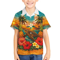 Hawaiian Turtles on Beach Family Matching Summer Maxi Dress and Hawaiian Shirt with Pineapple Tropical Plant and Lei LT03 Son's Shirt Multicolor - Polynesian Pride