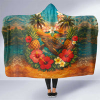 Hawaiian Turtles on Beach Hooded Blanket with Pineapple Tropical Plant and Lei