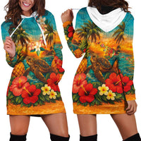 Hawaiian Turtles on Beach Hoodie Dress with Pineapple Tropical Plant and Lei LT03 - Polynesian Pride