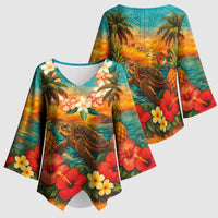 Hawaiian Turtles on Beach Kimono Sleeve Blouse with Pineapple Tropical Plant and Lei