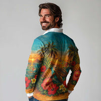 Hawaiian Turtles on Beach Long Sleeve Polo Shirt with Pineapple Tropical Plant and Lei