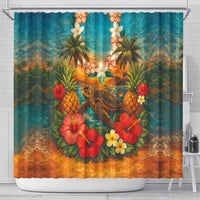 Hawaiian Turtles on Beach Shower Curtain with Pineapple Tropical Plant and Lei