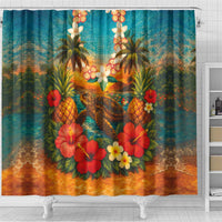 Hawaiian Turtles on Beach Shower Curtain with Pineapple Tropical Plant and Lei