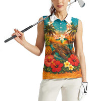 Hawaiian Turtles on Beach Women Sleeveless Polo Shirt with Pineapple Tropical Plant and Lei LT03 - Polynesian Pride