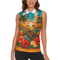 Hawaiian Turtles on Beach Women Sleeveless Polo Shirt with Pineapple Tropical Plant and Lei LT03 - Polynesian Pride