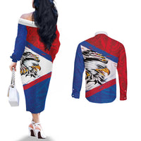 American Samoa Flag Day Couples Matching Off The Shoulder Long Sleeve Dress and Long Sleeve Button Shirt Polynesian Art Geometric with Flag Brush Style LT03 - Polynesian Pride