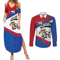 American Samoa Flag Day Couples Matching Summer Maxi Dress and Long Sleeve Button Shirt Polynesian Art Geometric with Flag Brush Style LT03 Multicolor - Polynesian Pride