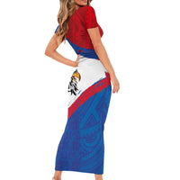 American Samoa Flag Day Short Sleeve Bodycon Dress Polynesian Art Geometric with Flag Brush Style