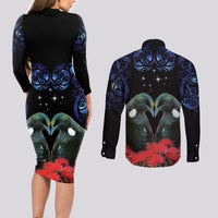 New Zealand Maori Matariki Couples Matching Long Sleeve Bodycon Dress and Long Sleeve Button Shirt Hongi Tui Bird Pohutukawa and Polynesia Tribal LT03 - Polynesian Pride