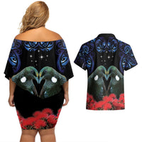 New Zealand Maori Matariki Couples Matching Off Shoulder Short Dress and Hawaiian Shirt Hongi Tui Bird Pohutukawa and Polynesia Tribal LT03 - Polynesian Pride