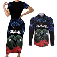 New Zealand Maori Matariki Couples Matching Short Sleeve Bodycon Dress and Long Sleeve Button Shirt Hongi Tui Bird Pohutukawa and Polynesia Tribal LT03 Black - Polynesian Pride