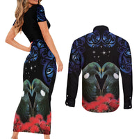 New Zealand Maori Matariki Couples Matching Short Sleeve Bodycon Dress and Long Sleeve Button Shirt Hongi Tui Bird Pohutukawa and Polynesia Tribal LT03 - Polynesian Pride