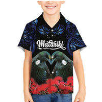 New Zealand Maori Matariki Family Matching Mermaid Dress and Hawaiian Shirt Hongi Tui Bird Pohutukawa and Polynesia Tribal LT03 Son's Shirt Black - Polynesian Pride