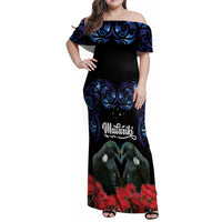New Zealand Maori Matariki Family Matching Off Shoulder Maxi Dress and Hawaiian Shirt Hongi Tui Bird Pohutukawa and Polynesia Tribal LT03 Mom's Dress Black - Polynesian Pride