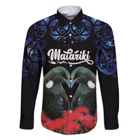 New Zealand Maori Matariki Family Matching Short Sleeve Bodycon Dress and Hawaiian Shirt Hongi Tui Bird Pohutukawa and Polynesia Tribal LT03 Dad's Shirt - Long Sleeve Black - Polynesian Pride
