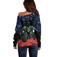 New Zealand Maori Matariki Off Shoulder Sweater Hongi Tui Bird Pohutukawa and Polynesia Tribal LT03 - Polynesian Pride