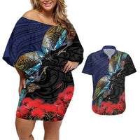 New Zealand Maori Hongi Culture Couples Matching Off Shoulder Short Dress and Hawaiian Shirt Tui Bird Pohutukawa and Polynesian Pattern LT03 Blue - Polynesian Pride