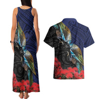New Zealand Maori Hongi Culture Couples Matching Tank Maxi Dress and Hawaiian Shirt Tui Bird Pohutukawa and Polynesian Pattern LT03 - Polynesian Pride