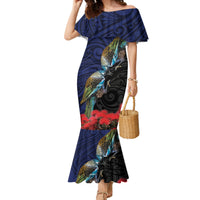 New Zealand Maori Hongi Culture Family Matching Mermaid Dress and Hawaiian Shirt Tui Bird Pohutukawa and Polynesian Pattern LT03 Mom's Dress Blue - Polynesian Pride