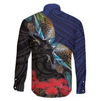 New Zealand Maori Hongi Culture Family Matching Off The Shoulder Long Sleeve Dress and Hawaiian Shirt Tui Bird Pohutukawa and Polynesian Pattern