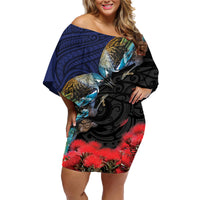 New Zealand Maori Hongi Culture Family Matching Off Shoulder Short Dress and Hawaiian Shirt Tui Bird Pohutukawa and Polynesian Pattern LT03 Mom's Dress Blue - Polynesian Pride