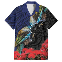 New Zealand Maori Hongi Culture Family Matching Summer Maxi Dress and Hawaiian Shirt Tui Bird Pohutukawa and Polynesian Pattern LT03 Dad's Shirt - Short Sleeve Blue - Polynesian Pride