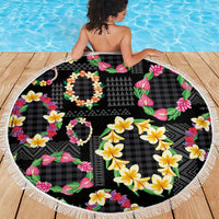 Hawaiian Kakau Tattoo Leis and Palaka Pattern Beach Blanket Traditional Aloha Tribal Black Color LT03 - Polynesian Pride