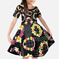 Hawaiian Kakau Tattoo Leis and Palaka Pattern Kid Short Sleeve Dress Traditional Aloha Tribal Black Color LT03 KID Black - Polynesian Pride