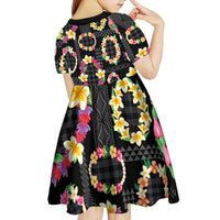 Hawaiian Kakau Tattoo Leis and Palaka Pattern Kid Short Sleeve Dress Traditional Aloha Tribal Black Color LT03 - Polynesian Pride
