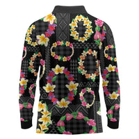 Hawaiian Kakau Tattoo Leis and Palaka Pattern Long Sleeve Polo Shirt Traditional Aloha Tribal Black Color LT03 - Polynesian Pride