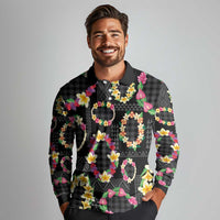 Hawaiian Kakau Tattoo Leis and Palaka Pattern Long Sleeve Polo Shirt Traditional Aloha Tribal Black Color LT03 - Polynesian Pride